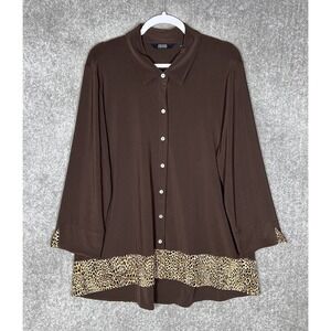 Dennis Basso Italia Knit Animal Print Hem Button Up‎ Tunic Top Womens Size XL